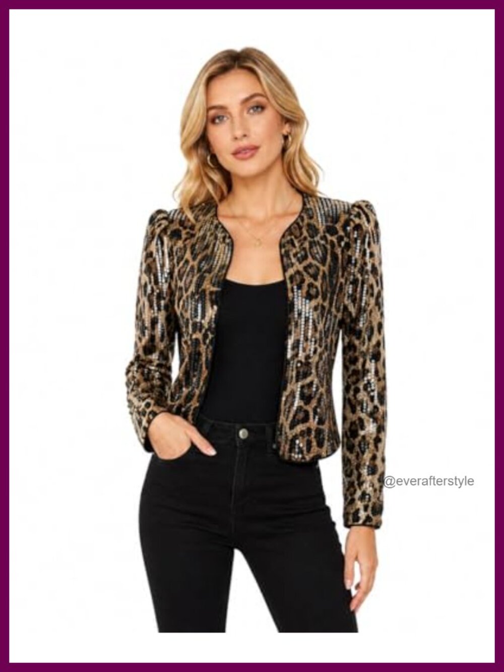 Cheetah Print Sequin Blazer Long Sleeve Open Front Party Jacket